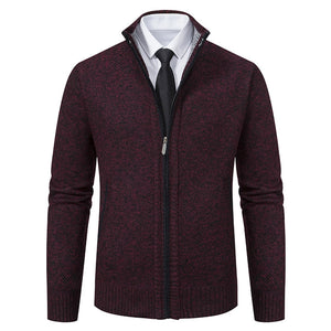 Men's Stand Collar Sweater with Fleece Lining, Thickened Casual Knit Cardigan
