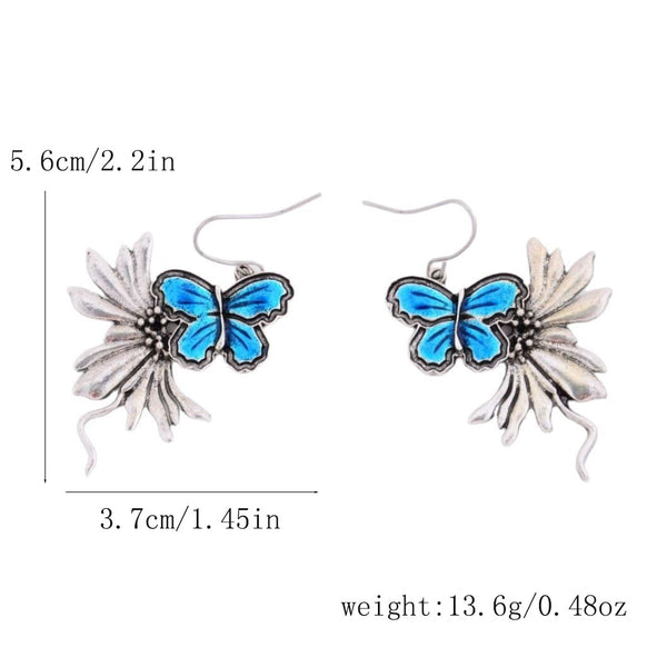 Blue Antique Silver Dangling Butterfly Earrings
