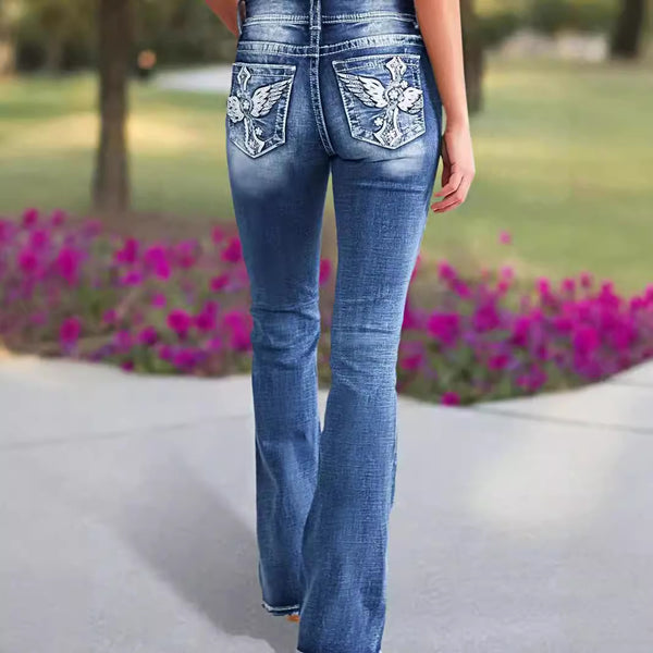 Cross-border exclusive for Amazon independent station new fashion versatile elastic and thin embroidered micro-pull pants jeans women