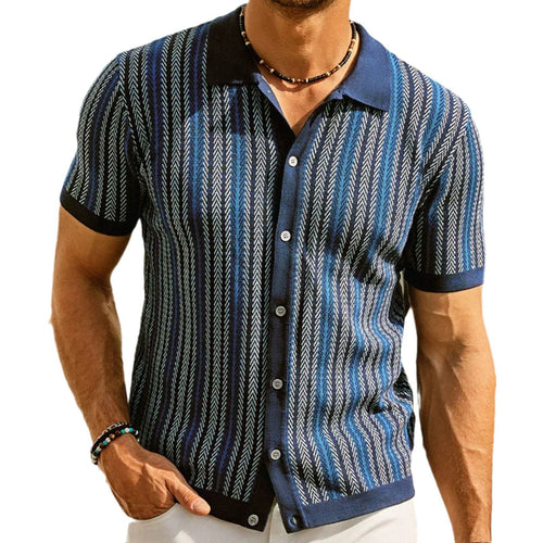 Men's New Summer Striped Jacquard Polo Knit Short Sleeve Shirt