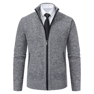 Men's Stand Collar Sweater with Fleece Lining, Thickened Casual Knit Cardigan
