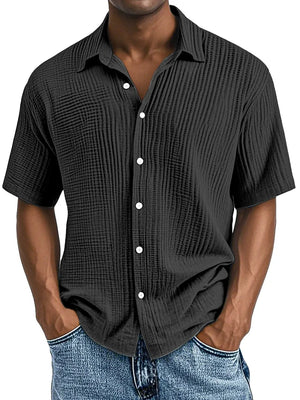 Men's Double-layered Wrinkled Fabric Casual Short Sleeved Shirt with Lapel Collar