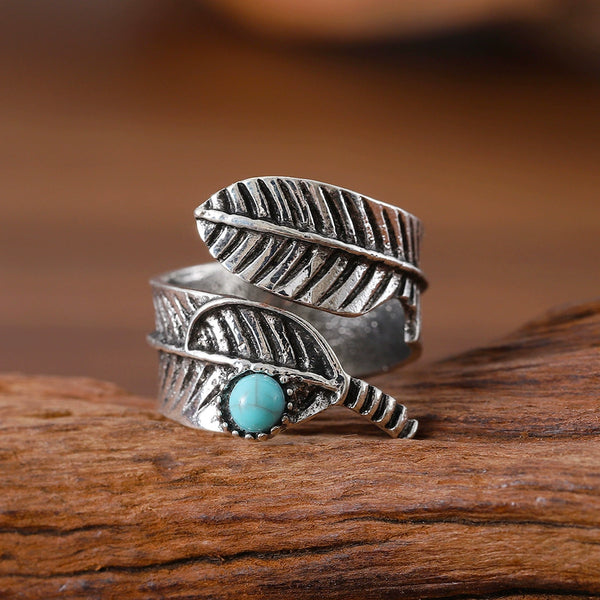 Vintage Leaf Turquoise Open Adjustable Ring
