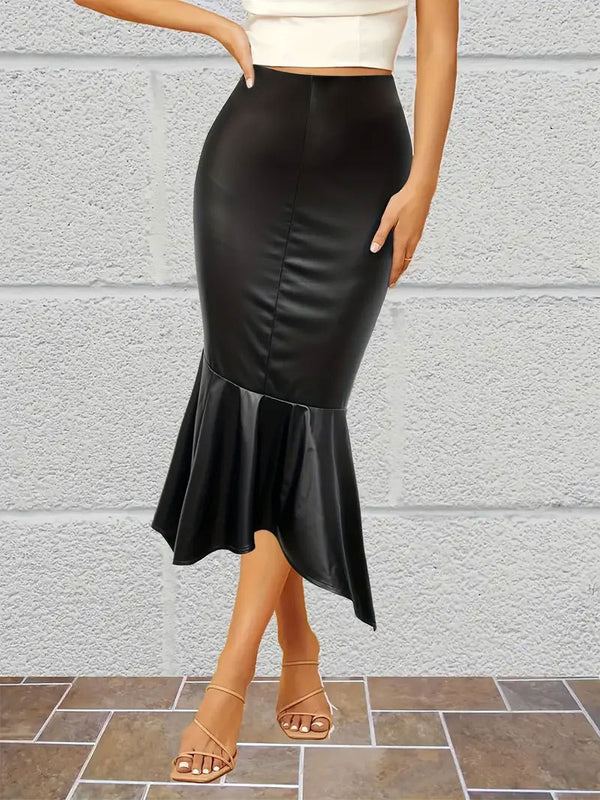 Ruffle Hem Slim PU Half Leather Skirt