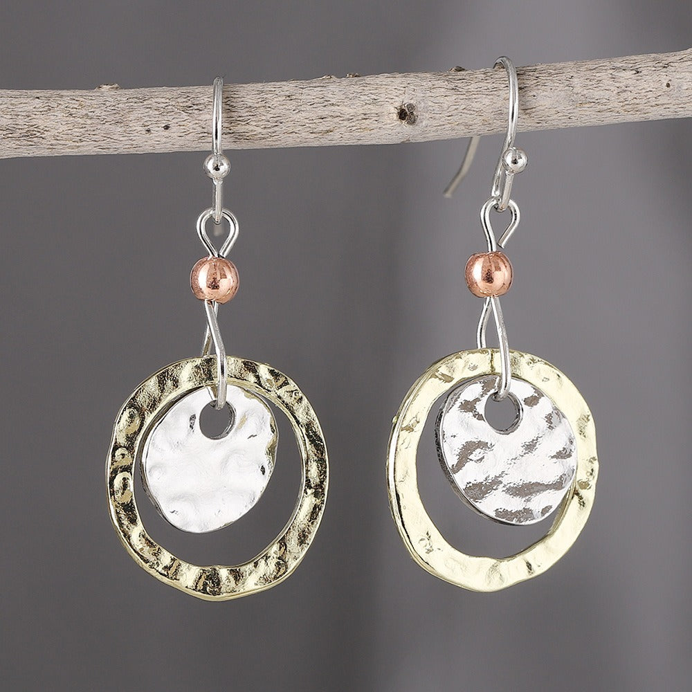 Vintage Simple Coin Circle Overlapping Two Color Earrings