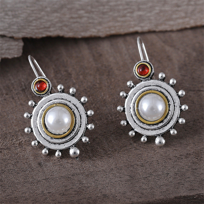 Vintage Round Pearl Flower Disk Earrings
