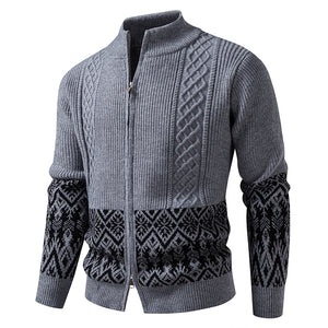 Men's Zipper Cardigan Jacket with Thickened Stand Collar Casual Knit Sweater