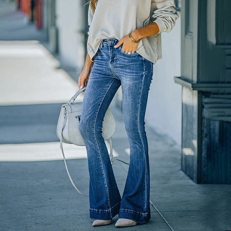 2022 new cross-border Amazon independent station women's elastic horn denim trousers, super hot