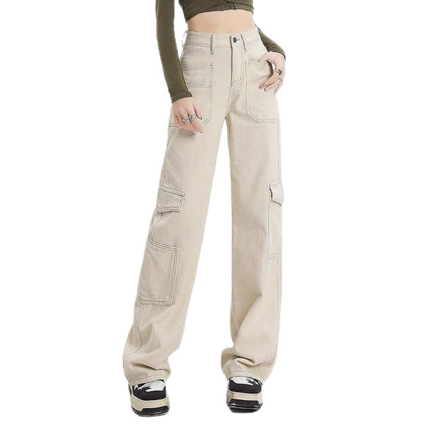 79-YT238 Amazon high waist straight overalls loose wide leg big pocket casual women's denim trousers