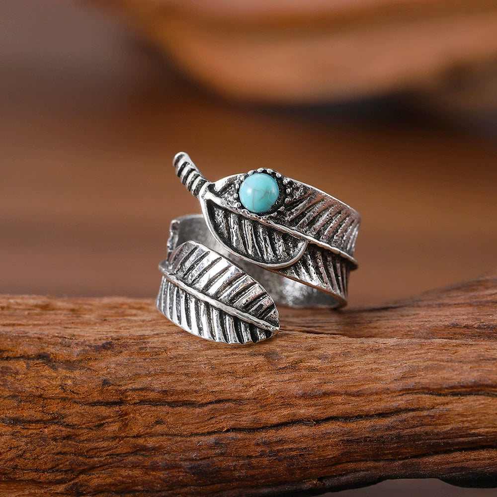 Vintage Leaf Turquoise Open Adjustable Ring