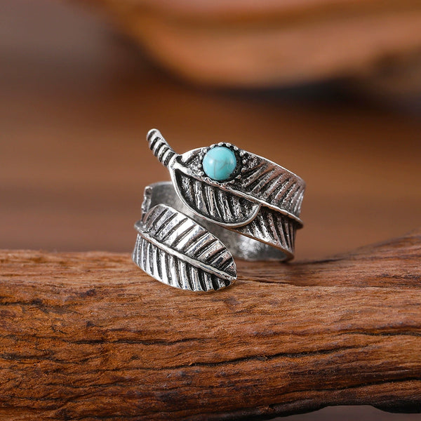 Vintage Leaf Turquoise Open Adjustable Ring