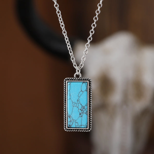 Geometric pendant earrings necklace with rectangular turquoise stones