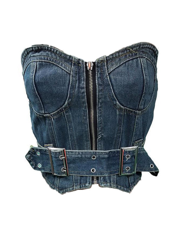 Denim Belted Zip Tube Top