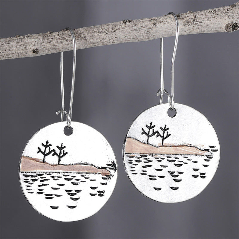 Simple Landscape Tree Round Earrings