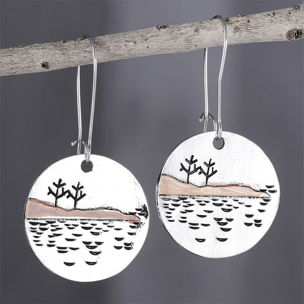Simple Landscape Tree Round Earrings