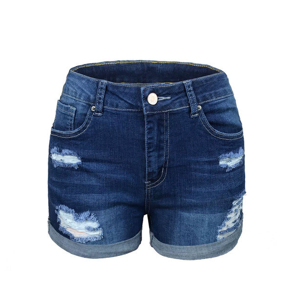 2021 cross-border US Amazon wish explosion independent station foot mouth women's elastic mid-waist denim shorts hole