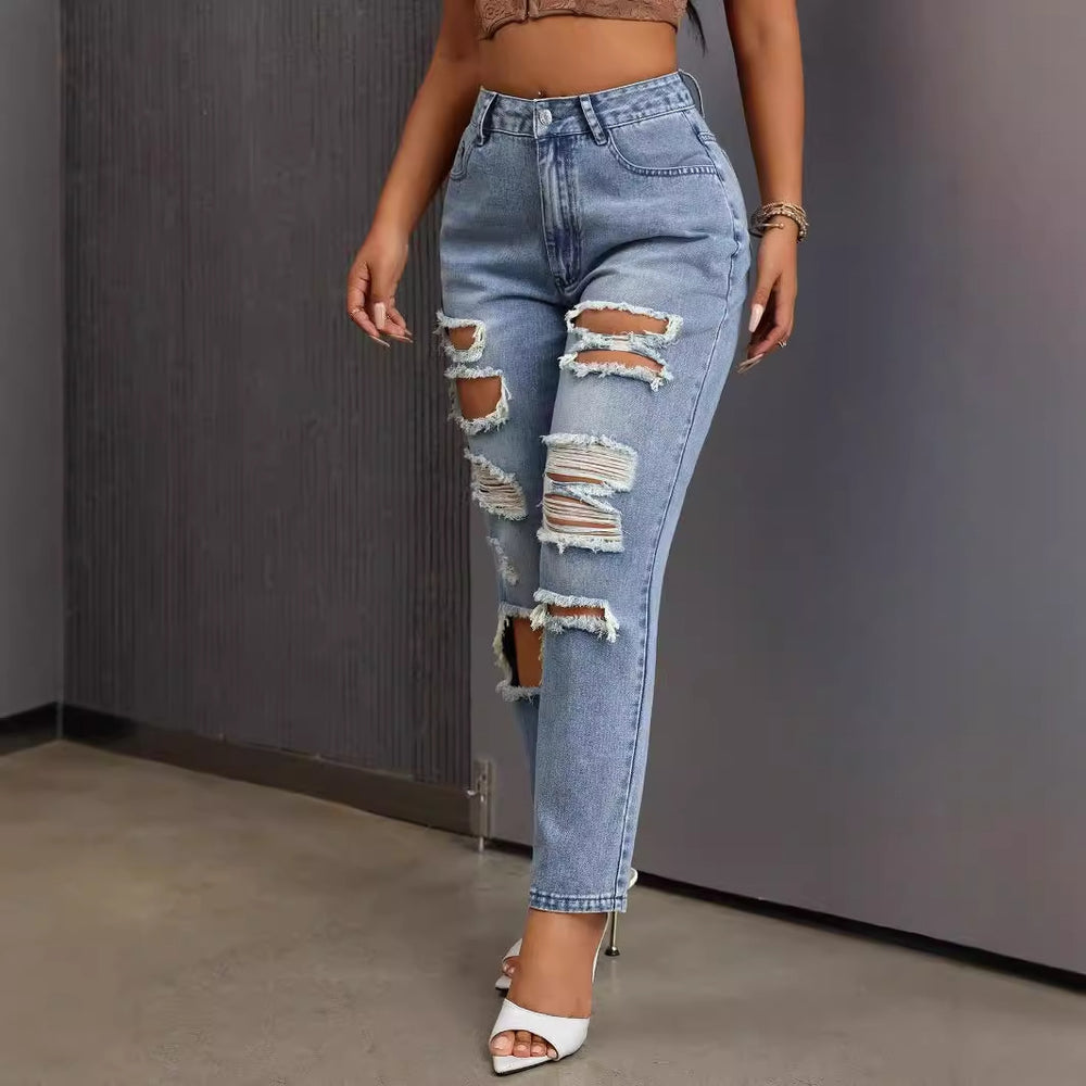45-Spot 15625 Amazon cross-border foreign trade women's clothing European and American versatile and thin pants ripped denim trousers