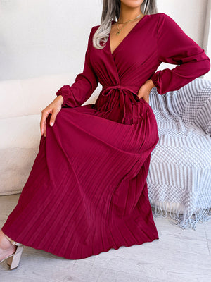 Temperament cross V-neck big swing pleated long dress