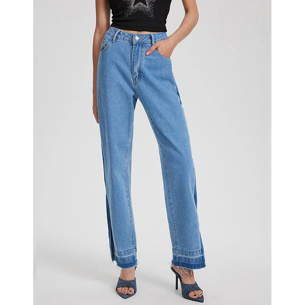47-Spot 15160 #Cross-border Women's Clothing INS Fashion Retro Casual High Waist Pants Split Straight Denim Trousers