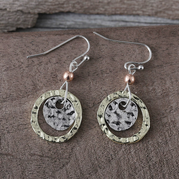 Simple Coin Circle Overlapping Two Tone Earrings