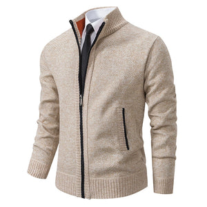 Men's Stand Collar Sweater with Fleece Lining, Thickened Casual Knit Cardigan