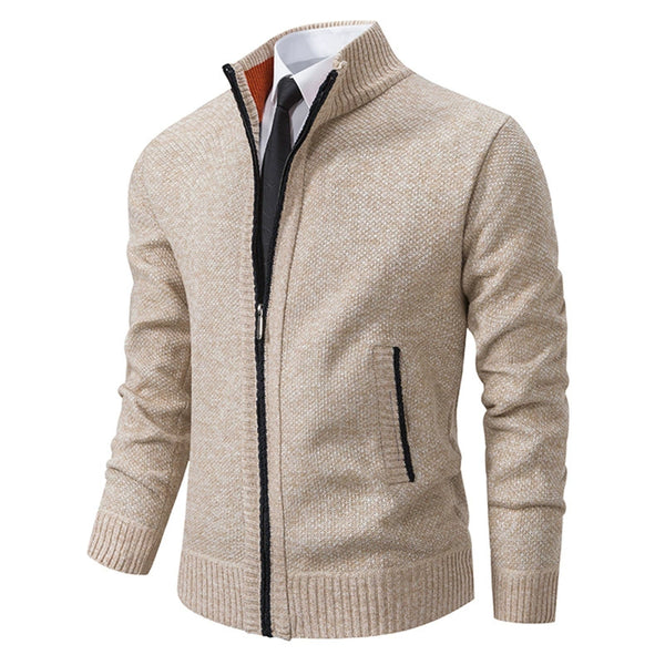 Men's Stand Collar Sweater with Fleece Lining, Thickened Casual Knit Cardigan