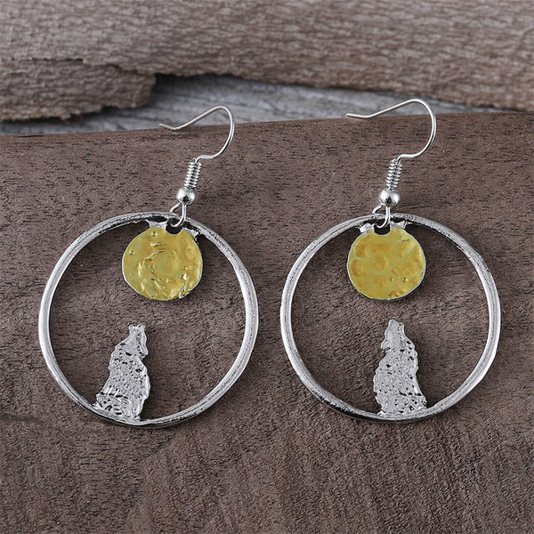 Circle Wolf Moon Dangle Earrings