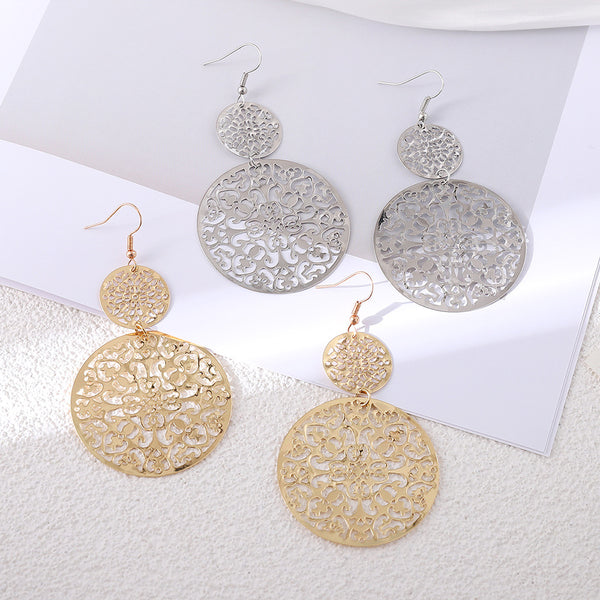 Vintage Hollowed Out Disc Mill Court Ethnic Style Carved Flower Earrings