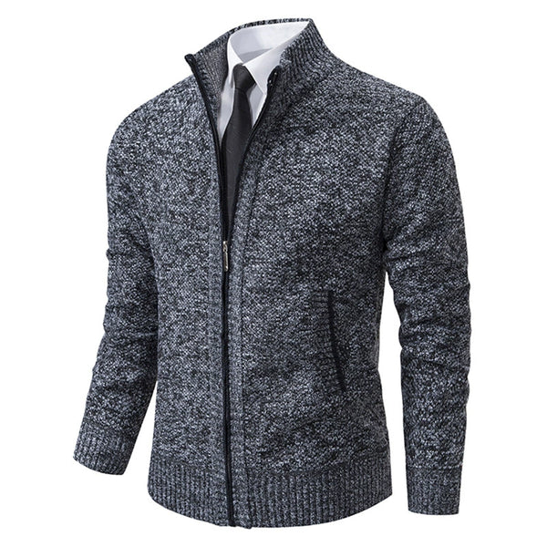 Men's Stand Collar Sweater with Fleece Lining, Thickened Casual Knit Cardigan