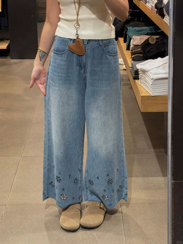 High-Waist Plus Size Slimming Straight-Leg Denim Jeans with Cutouts