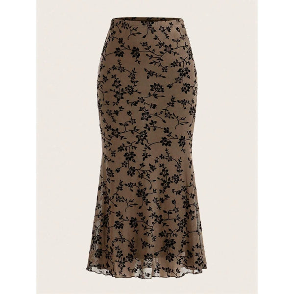 Floral Print Fishtail Tulle Skirt