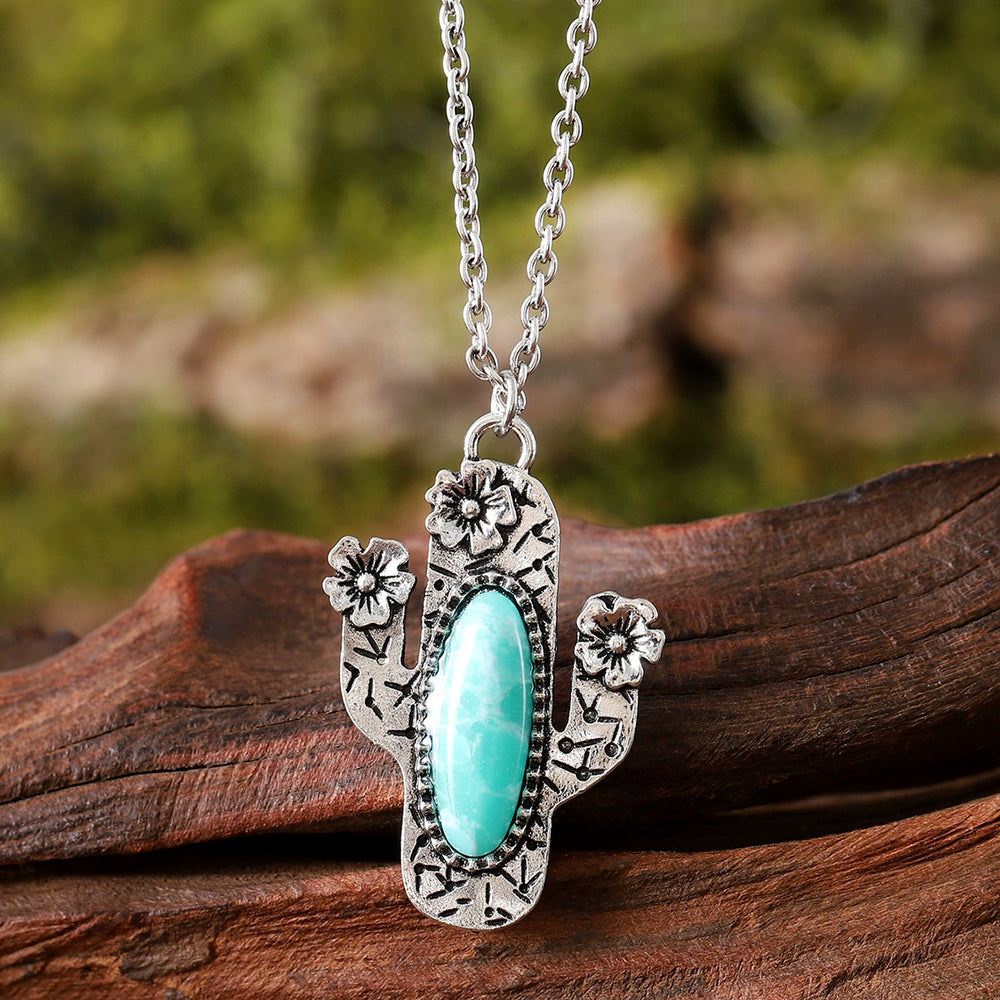 Inlaid Turquoise Cactus Pendant Necklace