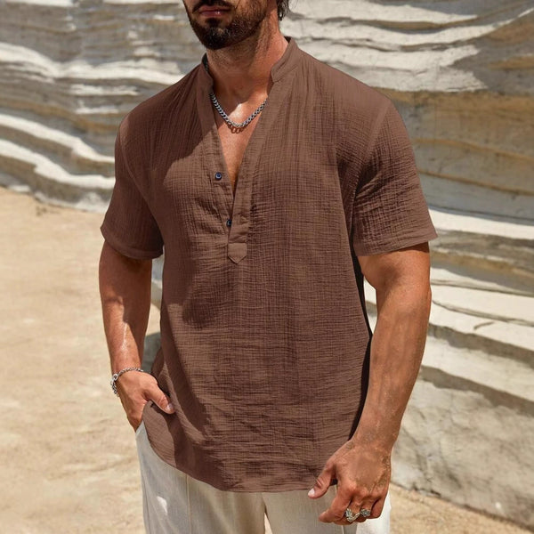 Men's Cotton-linen Solid Color Cuban Collar Shirt