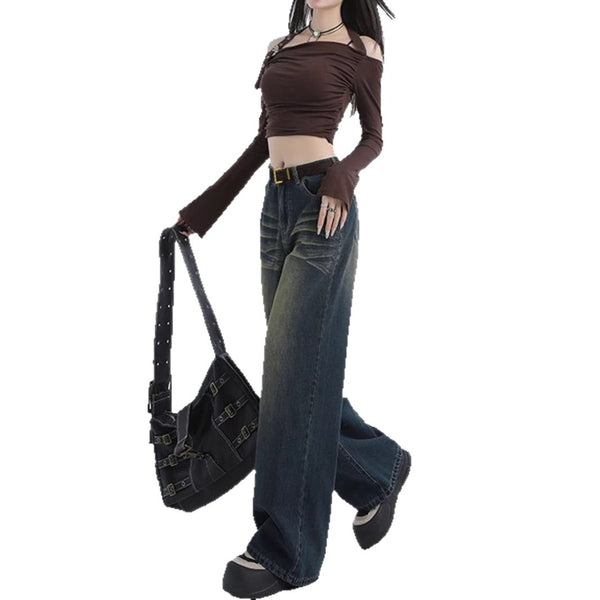 43-YT236 Amazon cross-border American retro Spice Girls women's fashion wide-leg pants straight pants denim trousers