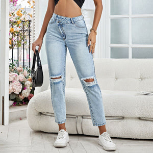 17-Spot-35832 #Amazon Cross-border Women's Clothing Europe and America INS Fashion Versatile Straight Ripped Denim Trousers
