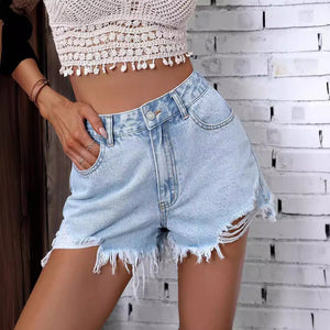 47 #Spot-35865 #Amazon Cross-border Women's Clothing INS New Casual High Waist Burr Ripped Denim Shorts