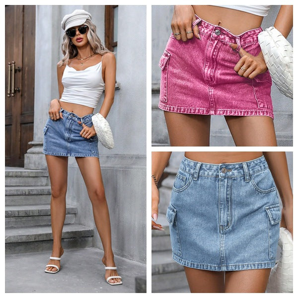 40-Spot-65118 #Amazon cross-border European and American women's clothing street trend hip-wrapped denim skirt A-shaped skirt