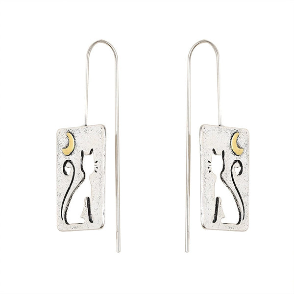 Cute Hollowed Out Cat Crescent Alloy Pendant Square Plaque Earrings