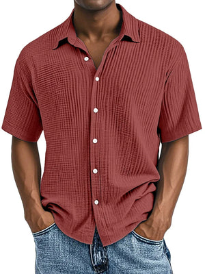 Men's Double-layered Wrinkled Fabric Casual Short Sleeved Shirt with Lapel Collar