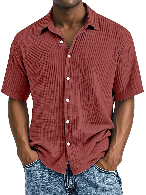 Men's Double-layered Wrinkled Fabric Casual Short Sleeved Shirt with Lapel Collar