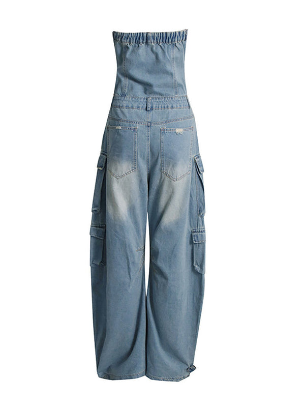 Denim Strapless Cargo Jumpsuit