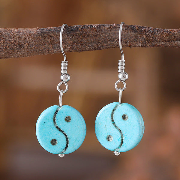 Blue Turquoise Bagua Taiji Dangle Earrings