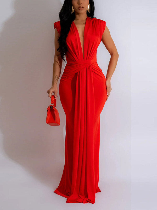 Elegant Plunge Draped Maxi Dress