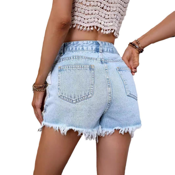47 #Spot-35865 #Amazon Cross-border Women's Clothing INS New Casual High Waist Burr Ripped Denim Shorts