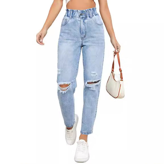 35 #Spot-35763 #Amazon Cross-border Women's Clothing European and American INS Trend Skinny Ripped Straight Denim Trousers