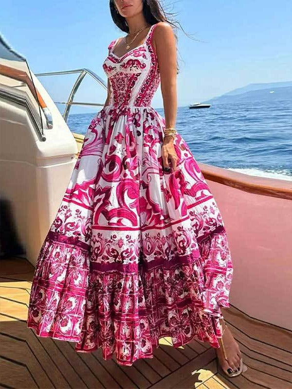 Bohemian Style Elegant Light Luxury Mid-Length Printed Halter Dress