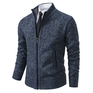 Men's Stand Collar Sweater with Fleece Lining, Thickened Casual Knit Cardigan