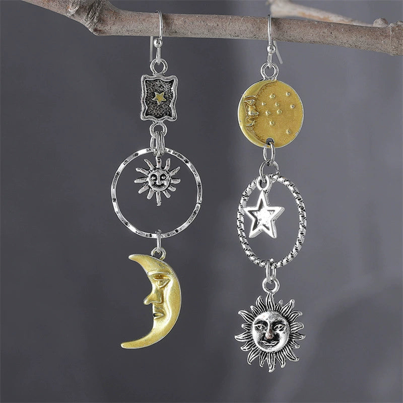 Sun Moon Asymmetric Dangle Earrings