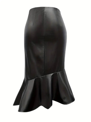 Ruffle Hem Slim PU Half Leather Skirt