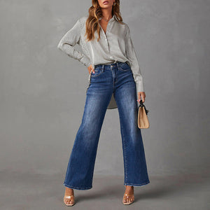 Cross-border Amazon independent station new washed dark blue straight high-elastic women's denim trousers, super hot